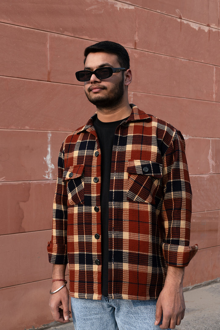 Oversized Checkered Shacket For Men (Brown)