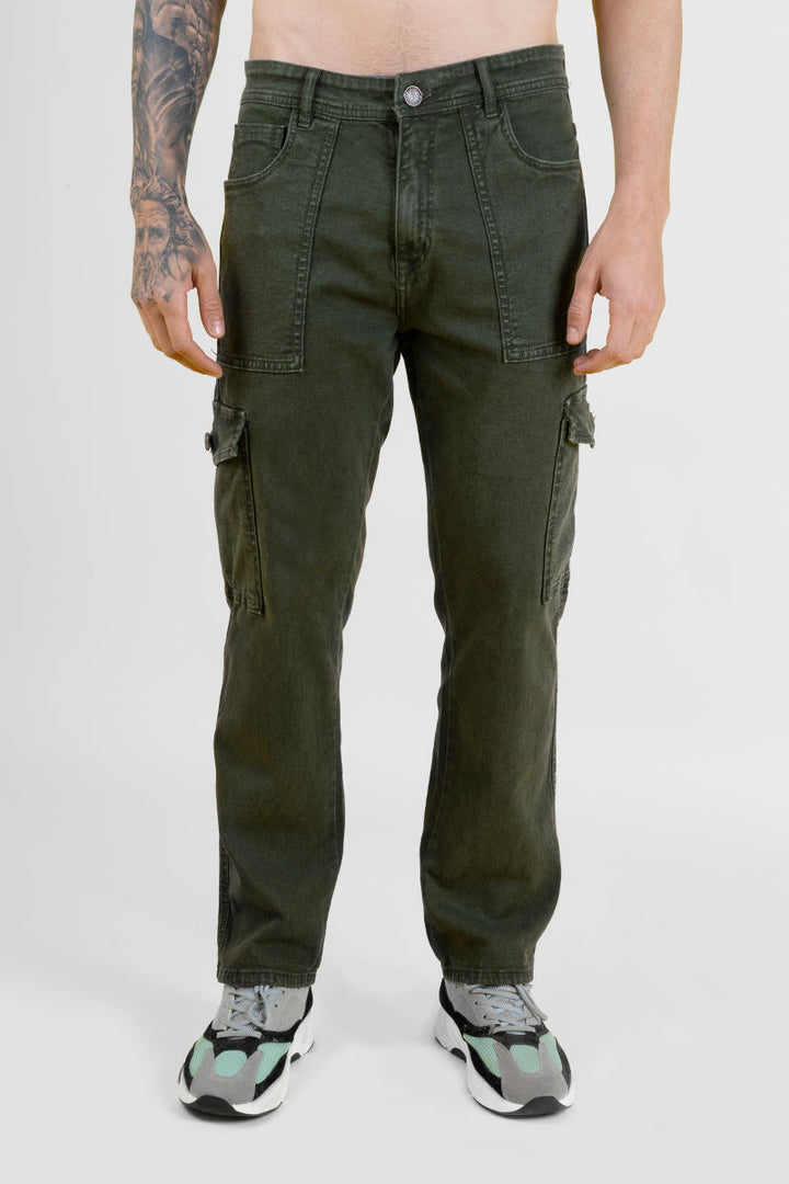 Men's Dark Green Denim Cargo Trousers - Regular Fit