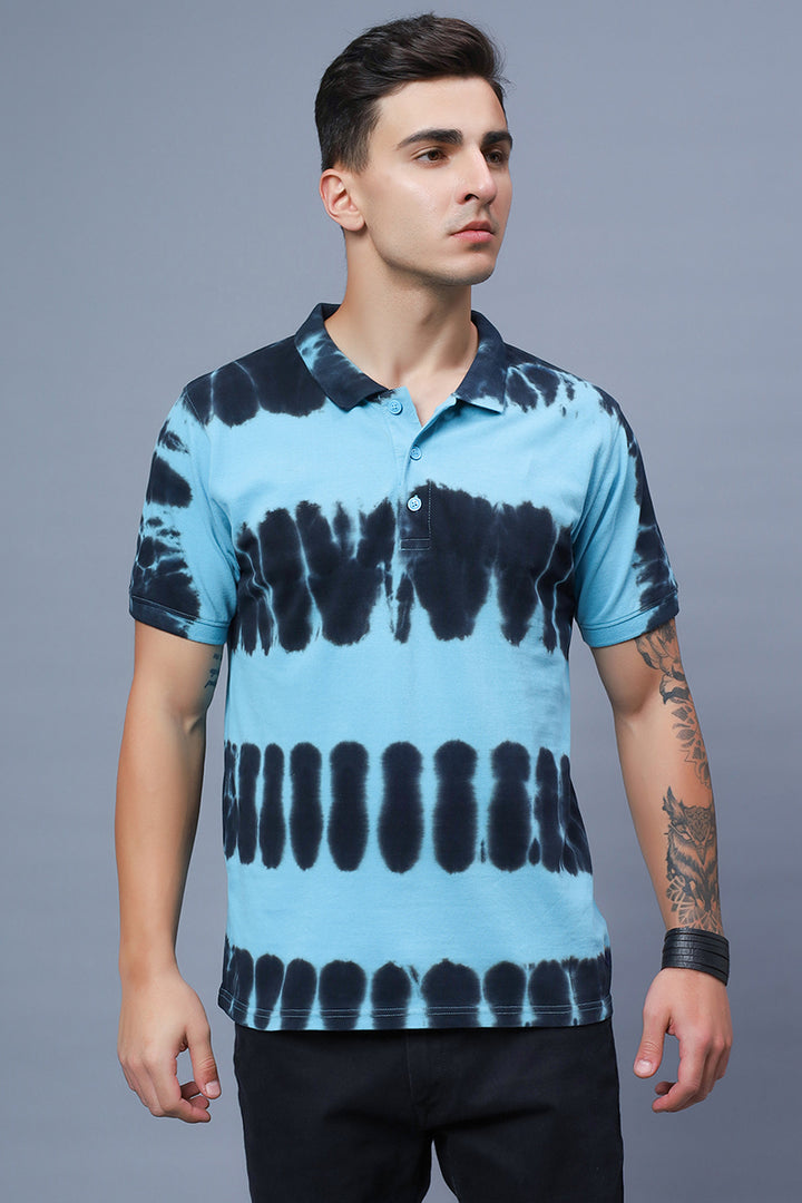 Men's Polo Neck Blue Tie & Dye Cotton T-shirt - Peplos Jeans 