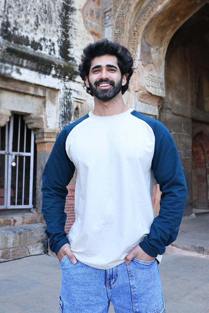 Oversized Printed Raglan Sleeves T-Shirt (Navy & Beige)