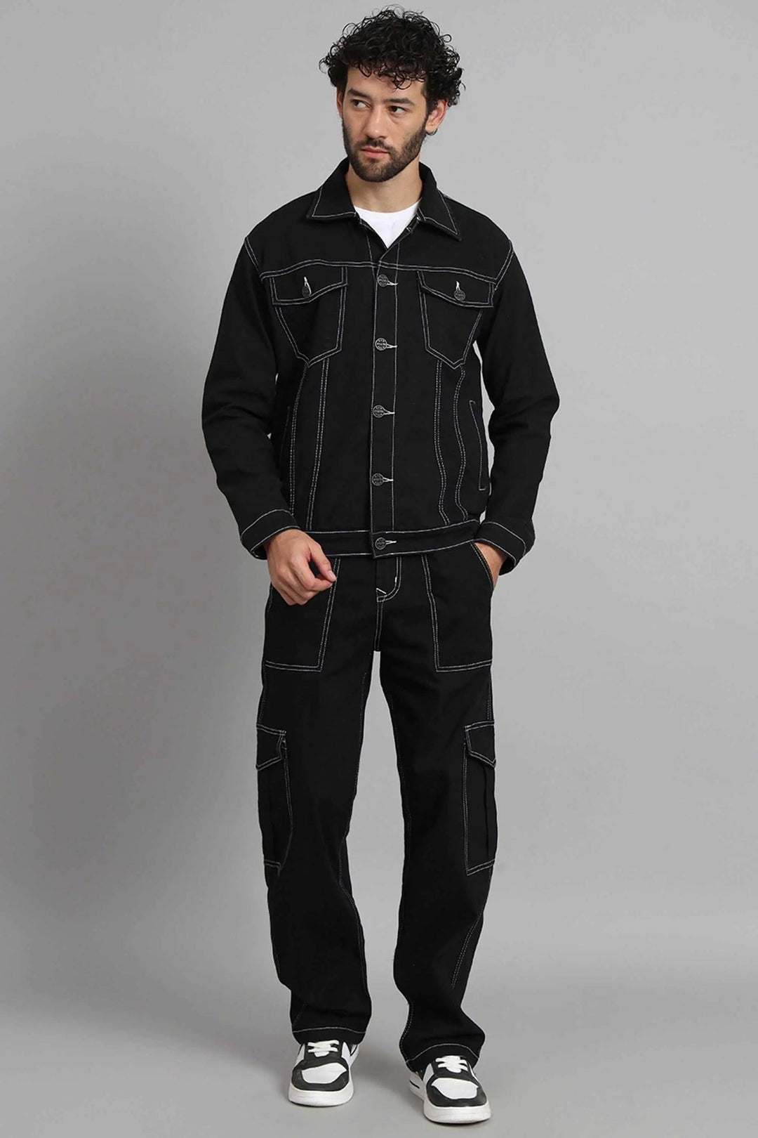 Regular Fit Black Denim Cargo Jacket Co-ord Set for Men Peplos