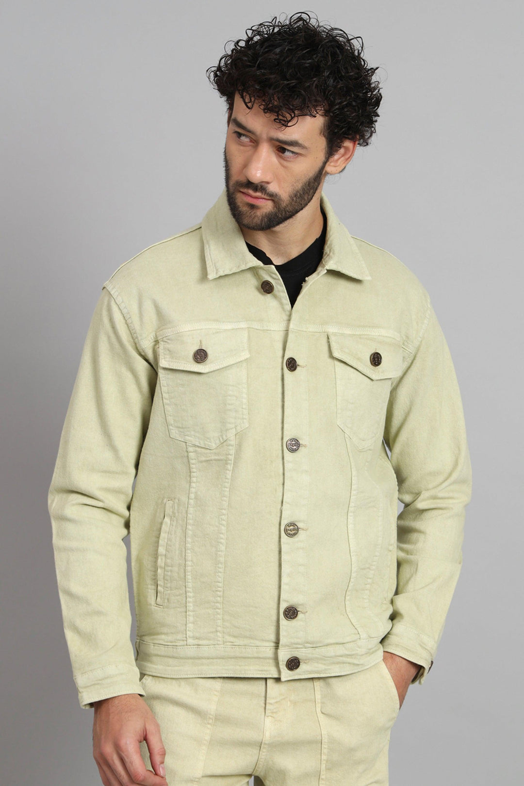 Regular Fit Pista Lime Color Denim Jacket for Men - Peplos Jeans 