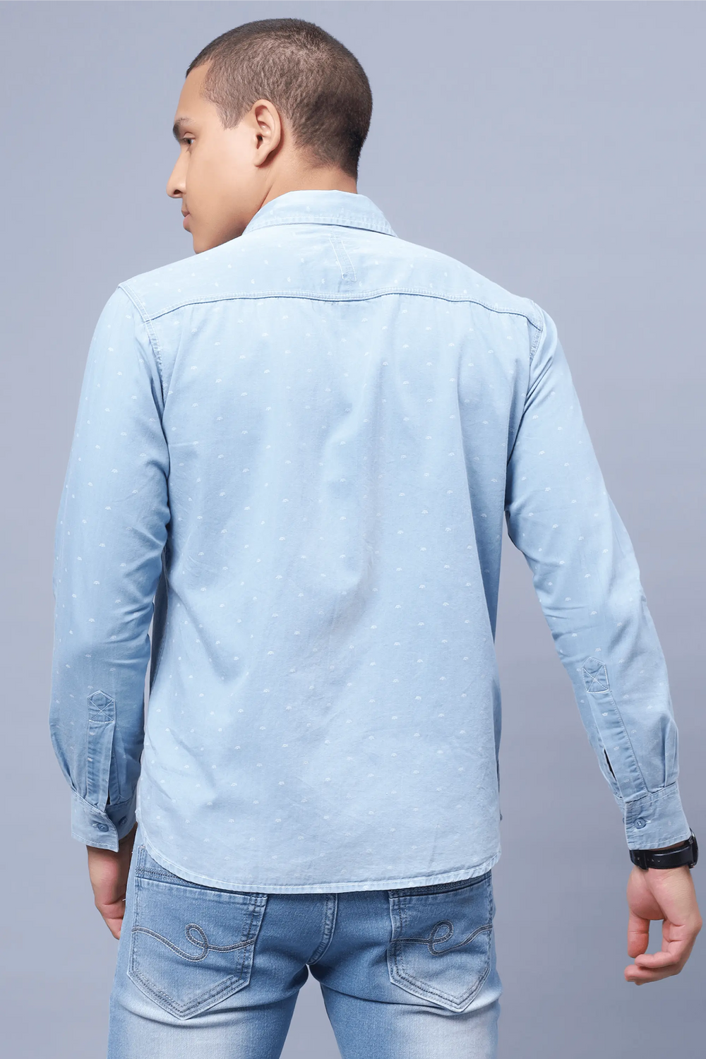 Regular Fit Light Blue Solid Denim Shirt For Men - Peplos Jeans 