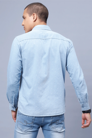 Regular Fit Light Blue Solid Denim Shirt For Men