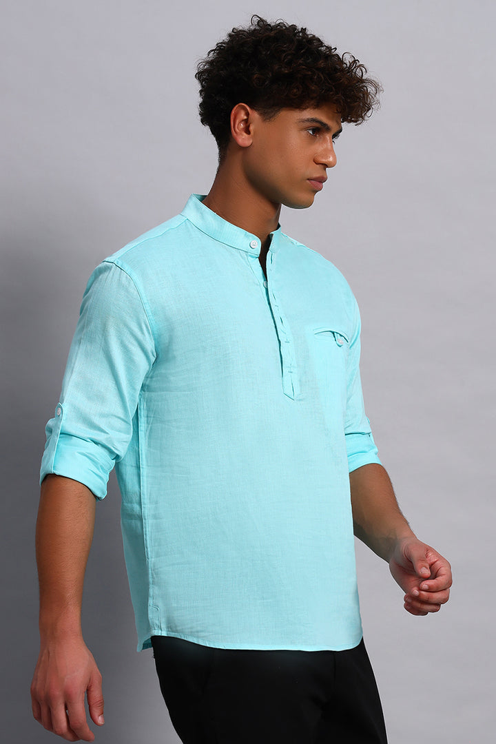 Full sleeves Aqua color Pure Cotton Short Kurta Shirt