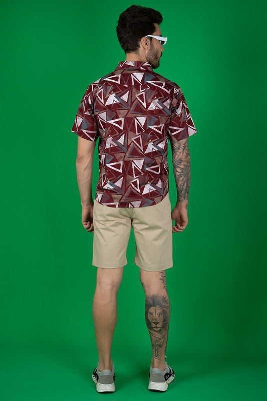 Men's Maroon Cotton Casual Shirt - Geometric Print