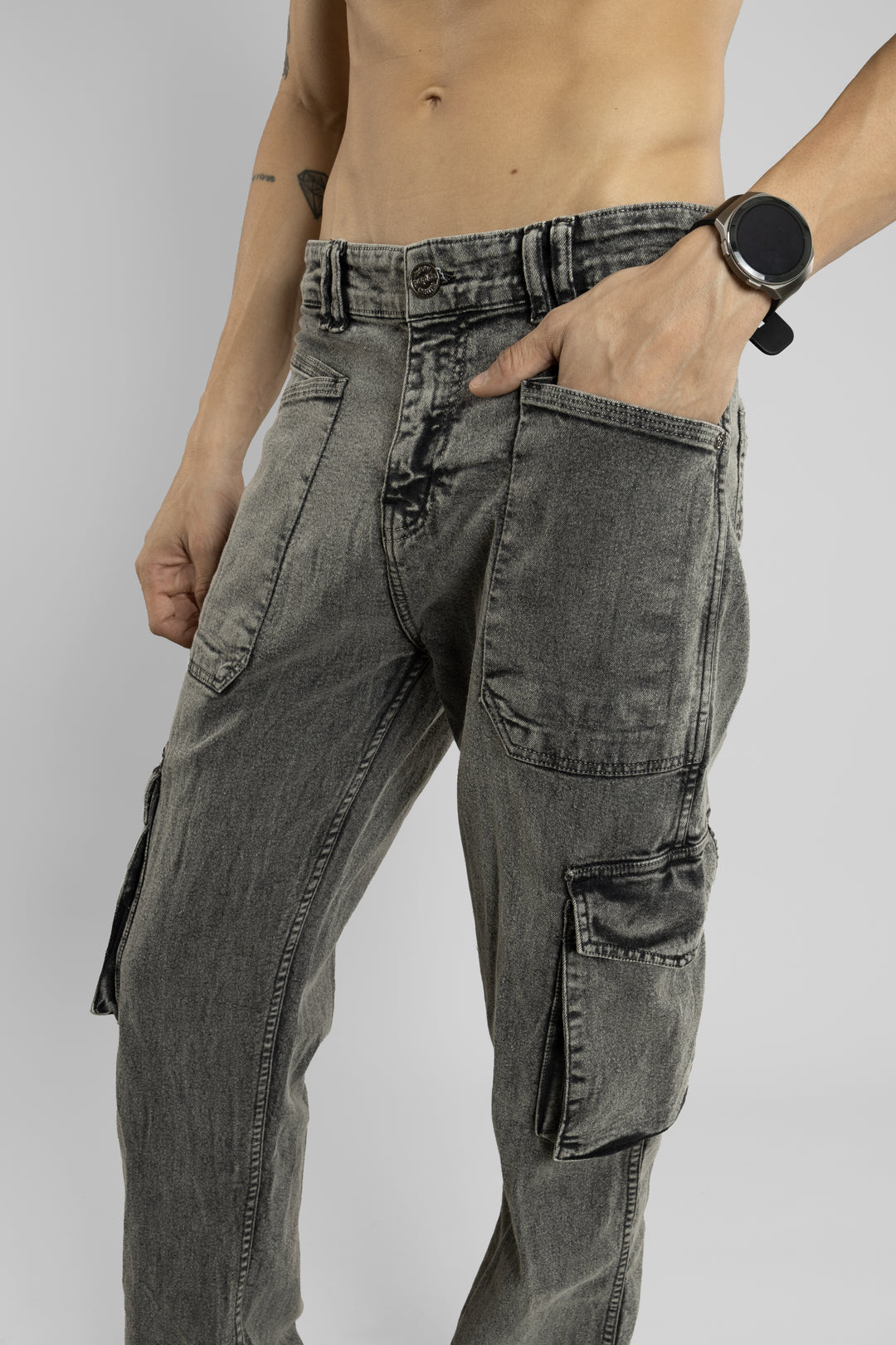 Men's Straight Fit Denim Cargo Pant (Charcoal)