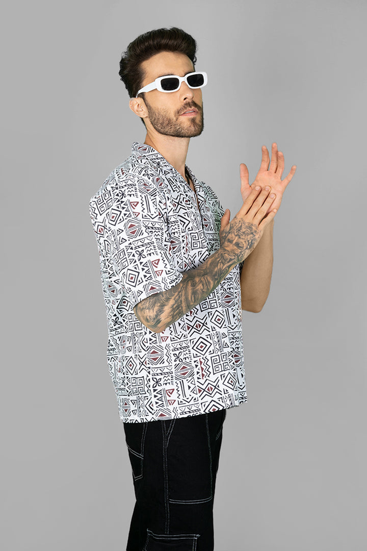 Men's White Oversized Shirt with Tribal Print