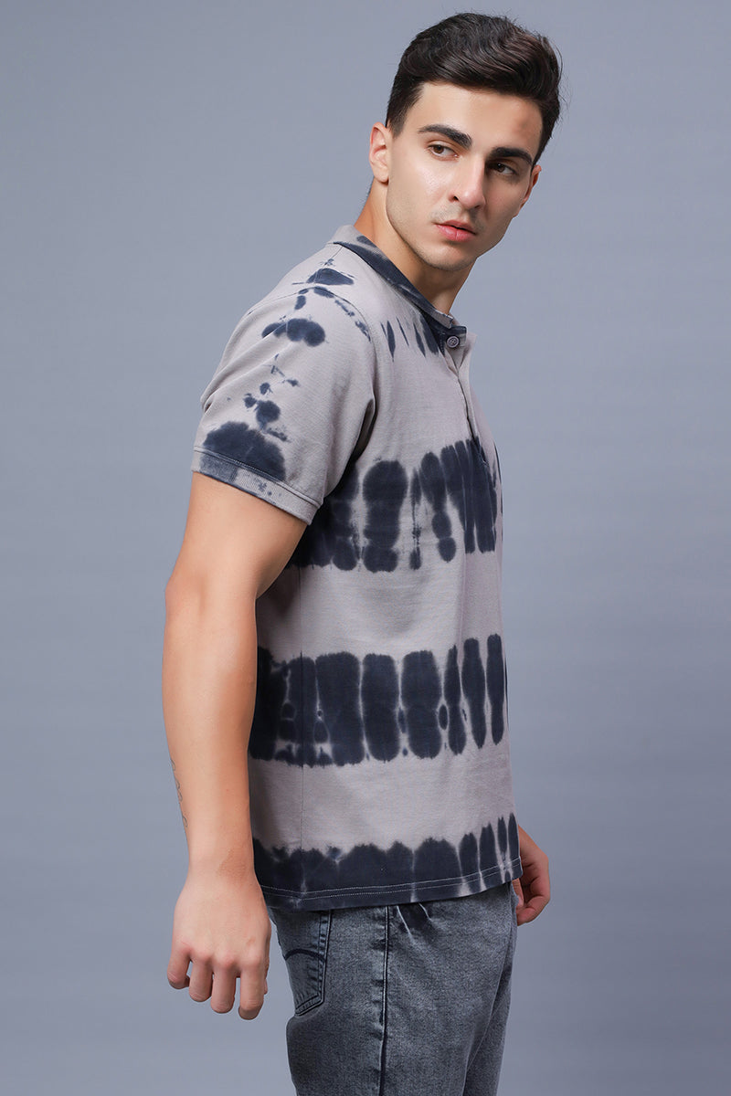 Men's Polo Neck Grey Tie Dye Cotton T-shirt - Main Image