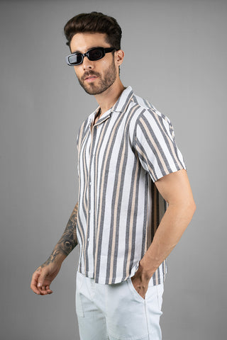 Men's Cuban Collar Shirt - Fawn Stripes