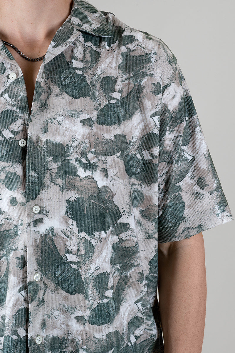 Green Leaf Print Cuban Collar Shirt