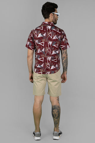 Geometric Print Men's Maroon Funky Shirt