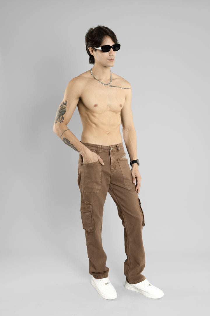 Men's Straight Fit Denim Cargo Pant (Coffee Brown)