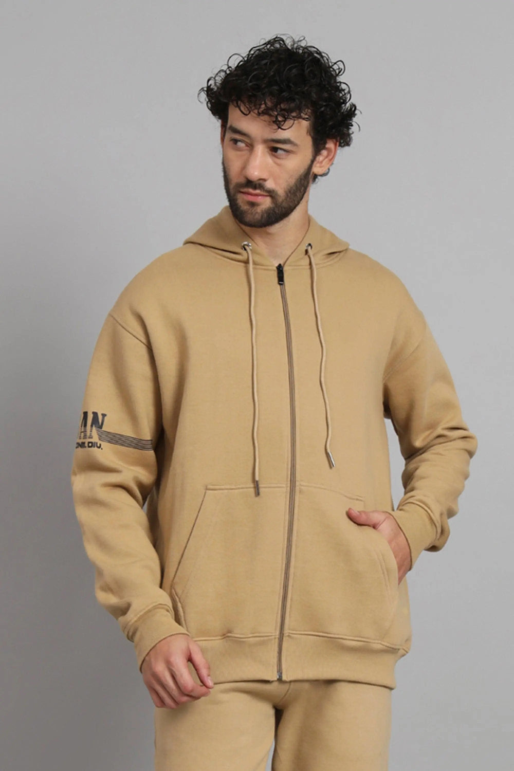 Regular Fit Fawn Color Premium Zipper Hoodie For Men