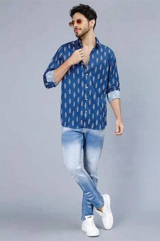 Men's Dark Blue Multi Color Patterned Casual Shirt