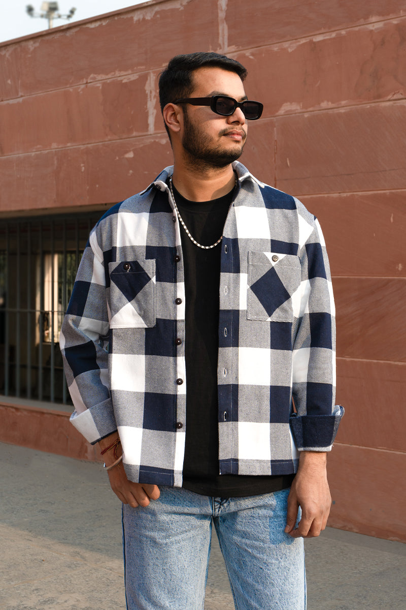 Oversized Flannel Shirt For Men (White & Navy)