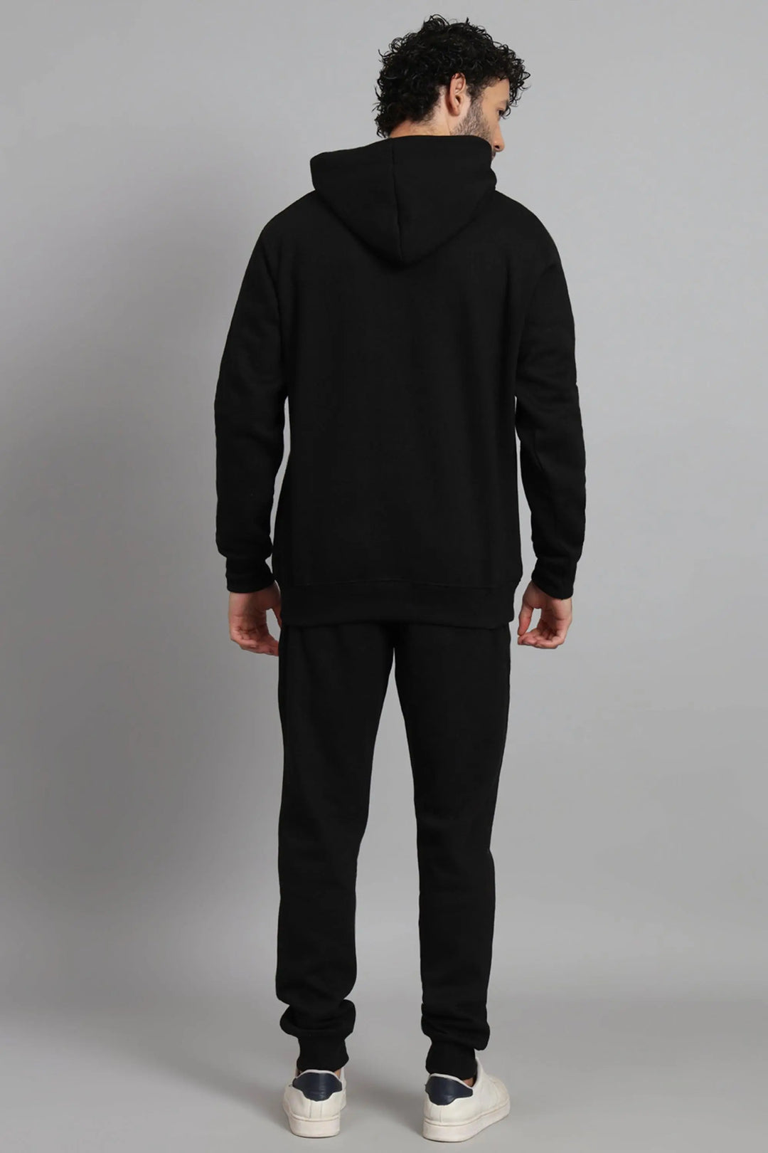 Regular Fit Solid Black Hoodie-Trouser Co-ord Set For Men