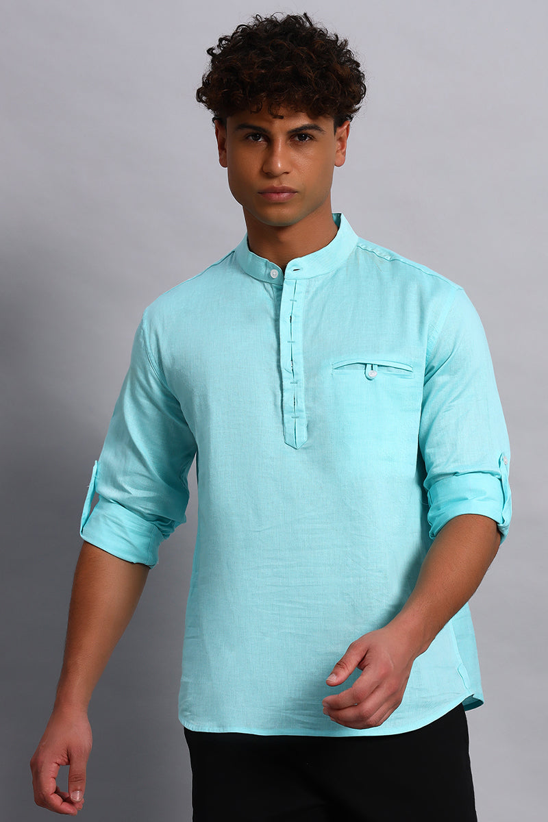 Full sleeves Aqua color Pure Cotton Short Kurta Shirt