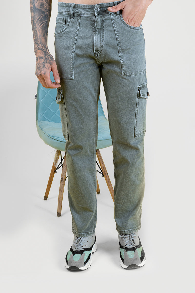 Men's Regular Fit Denim Cargo Pants - Light Green