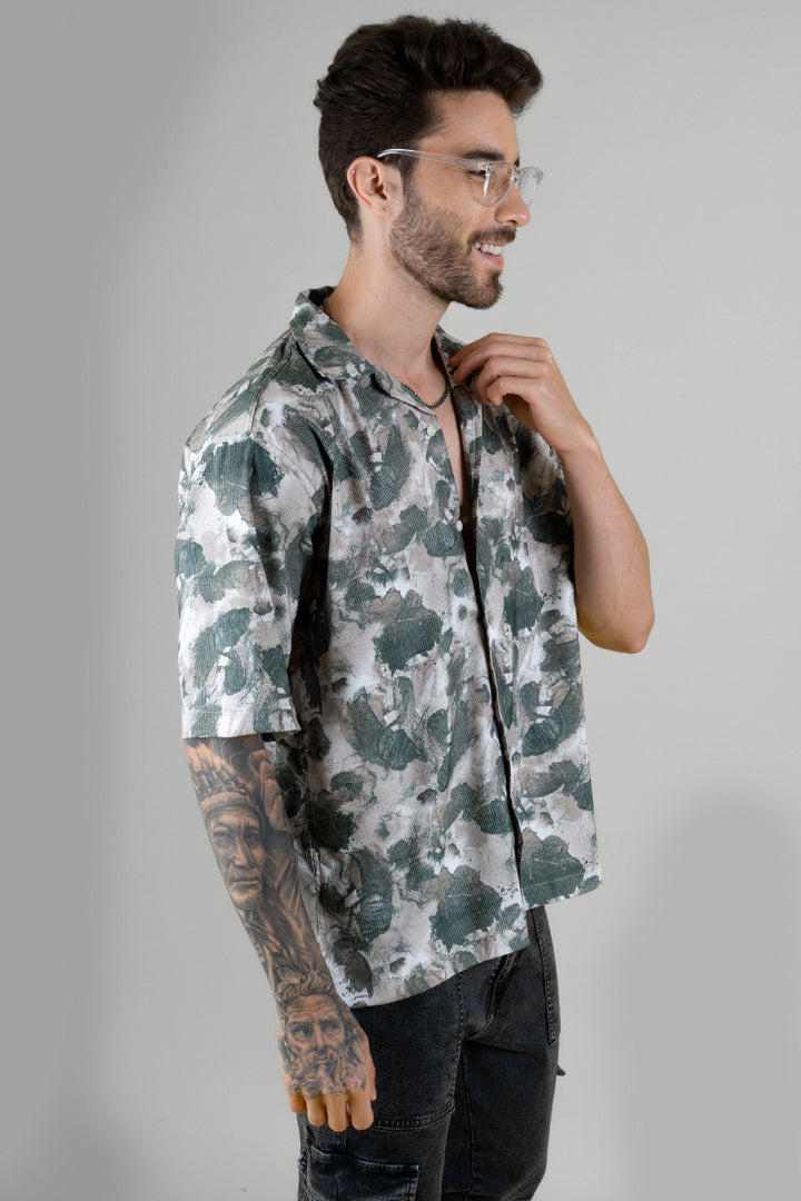 Green Leaf Print Cuban Collar Shirt