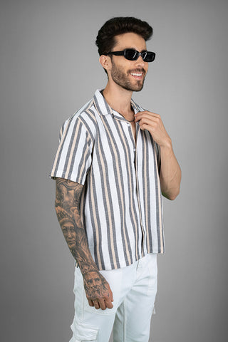 Men's Cuban Collar Shirt - Fawn Stripes