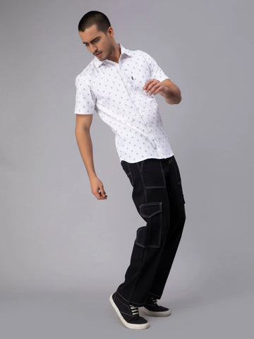 Regular Fit Pure Cotton White Printed Casual Shirt For Men