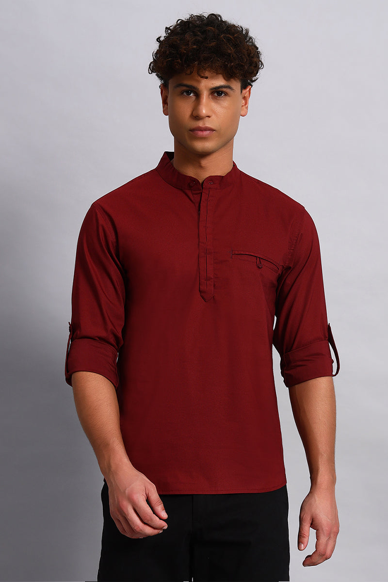 Full sleeves Maroon color Pure Cotton Short Kurta Shirt