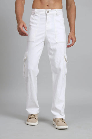 Men's Loose Fit Multiple Pocket White Denim Cargo Pant