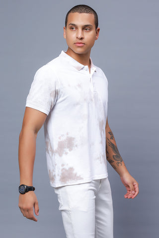 Men's Polo Neck White Tie & Dye Cotton T-shirt