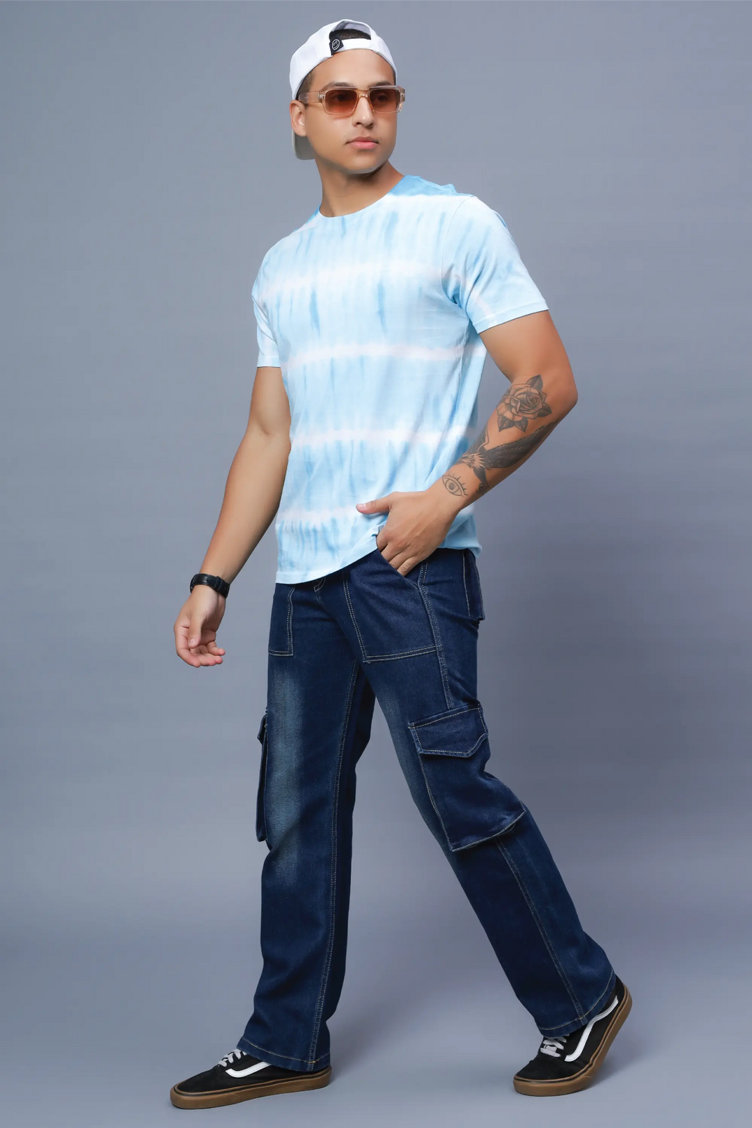 Men's Loose Fit Multiple Pocket Dark Blue Cargo Denim Jeans