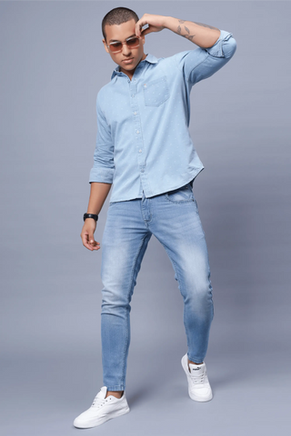 Regular Fit Light Blue Solid Denim Shirt For Men