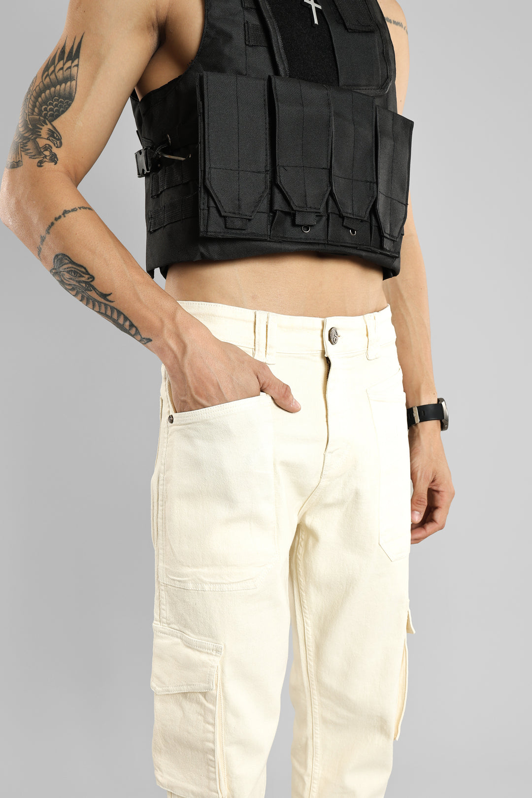 Men's Straight Fit Denim Cargo Pant (Ivory)