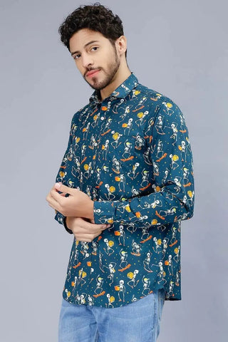 Men's Teal Blue Skeleton Casual Shirt