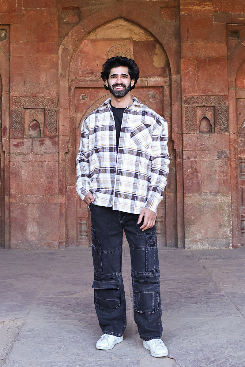 Oversized Checkered Shacket For Men (Brown)