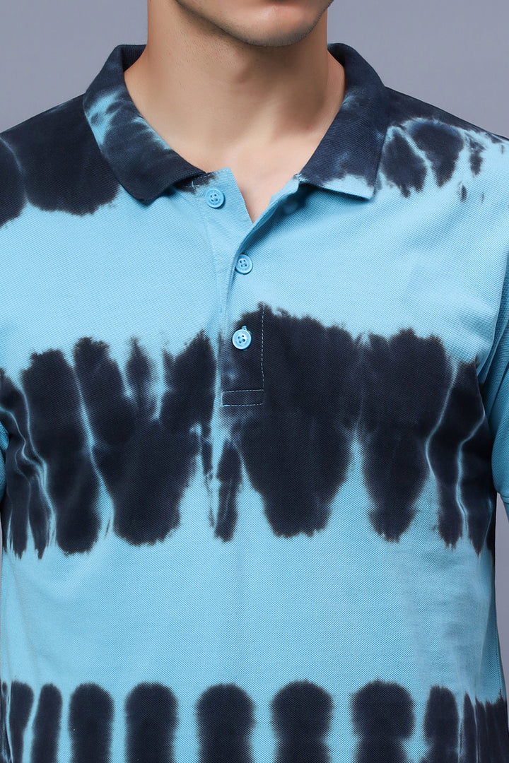 Men's Polo Neck Blue Tie & Dye Cotton T-shirt