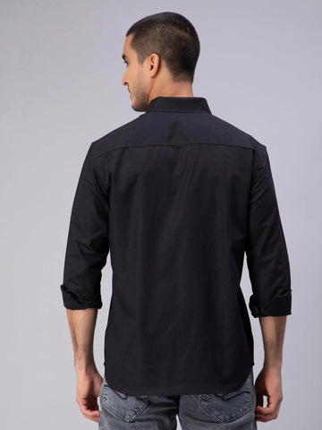 Men's Black Solid Plain Casual Shirt - Ban Collar