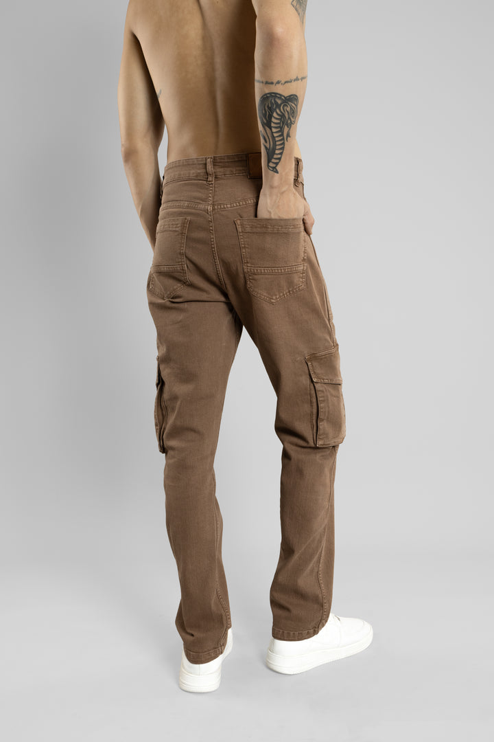 Men's Straight Fit Denim Cargo Pant (Coffee Brown)