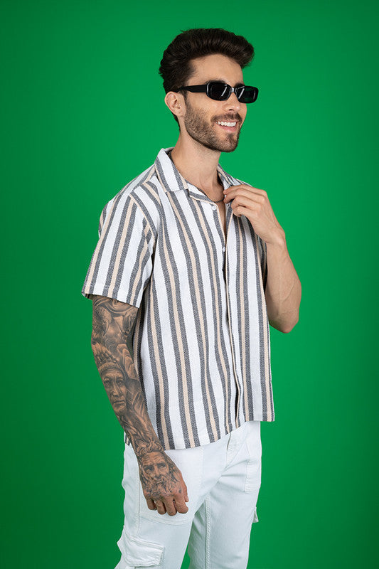 Men's Cuban Collar Shirt - Fawn Stripes