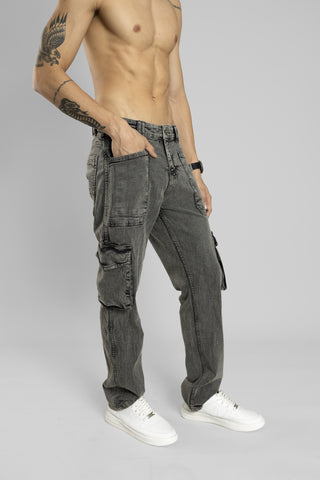 Charcoal Color Regular Fit Denim Cargo Trouser