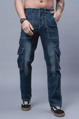 Men Multi Pocket Dark Blue Cargo Denim Jeans