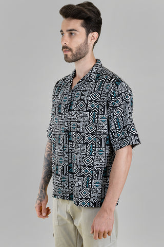 Men's Black White Oversized Tribal Print Shirt