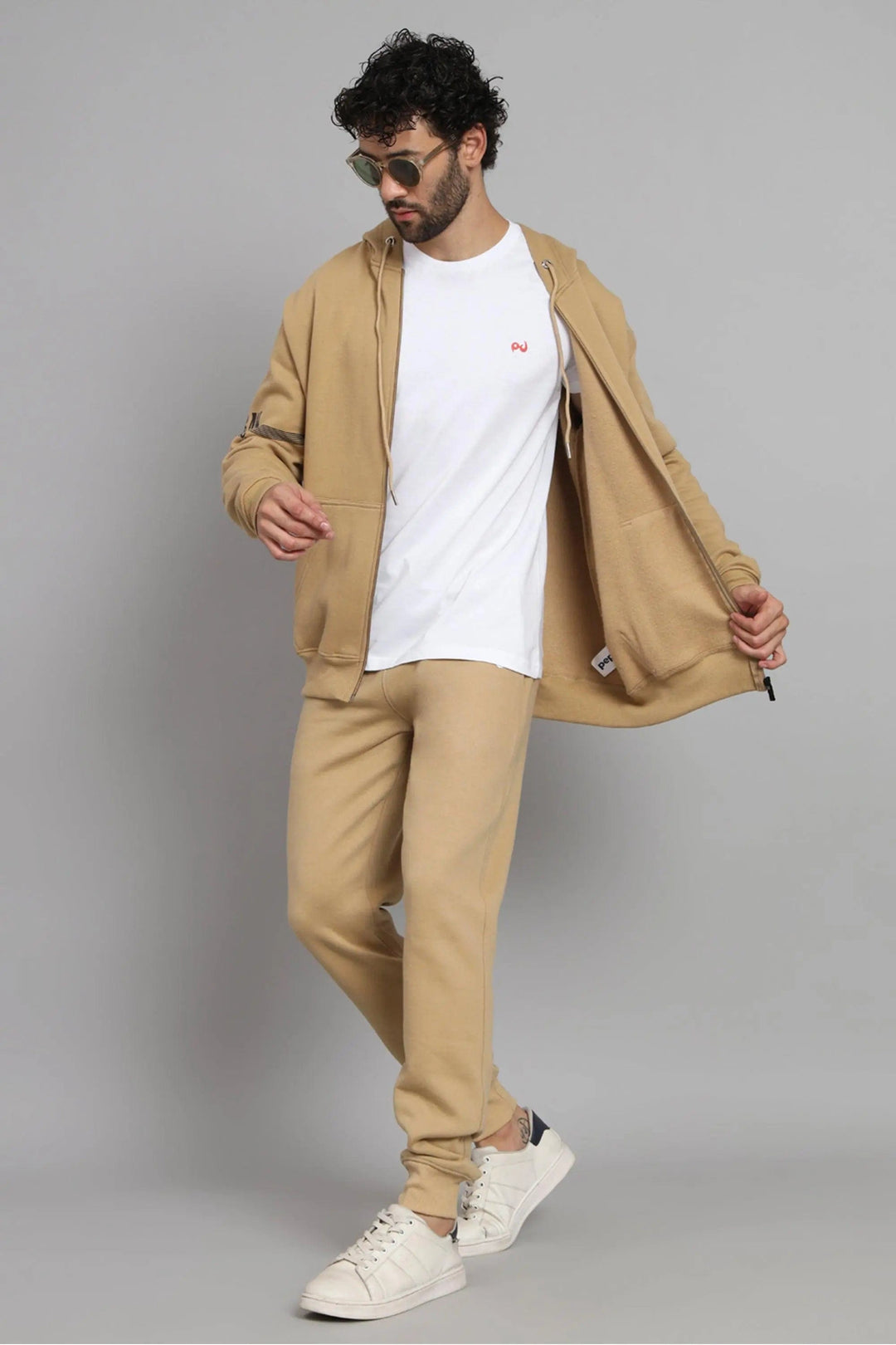 Regular Fit Fawn Color Zipper Hoodie-Trouser Co-ord Set For Men - Peplos Jeans 