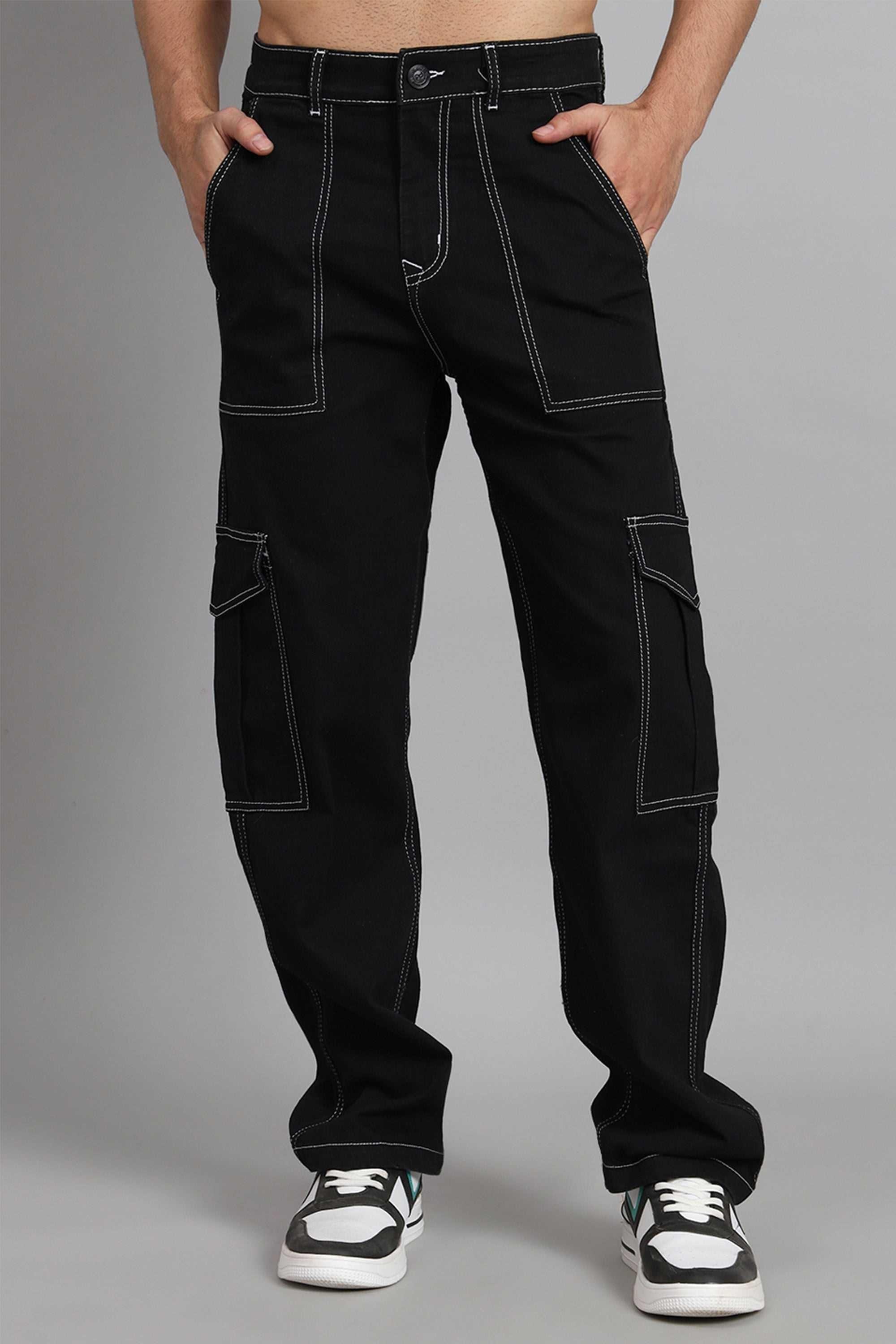 Men's Loose Fit Multiple Pocket Black Cargo Denim Jeans