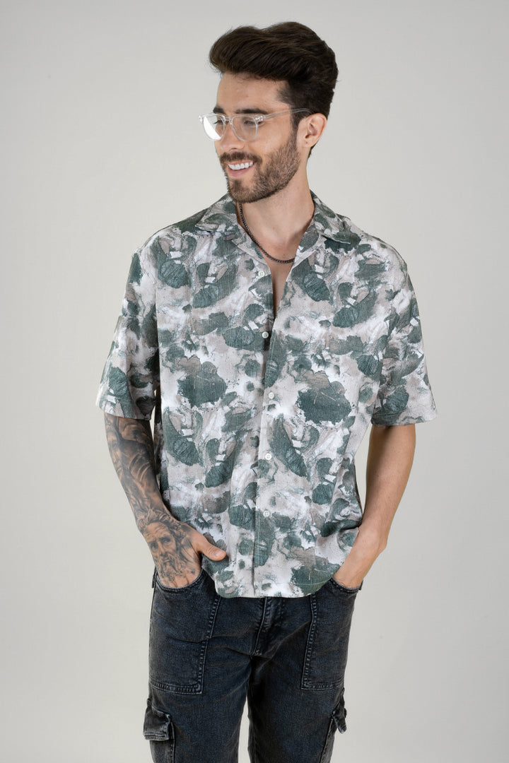 Green Leaf Print Cuban Collar Shirt