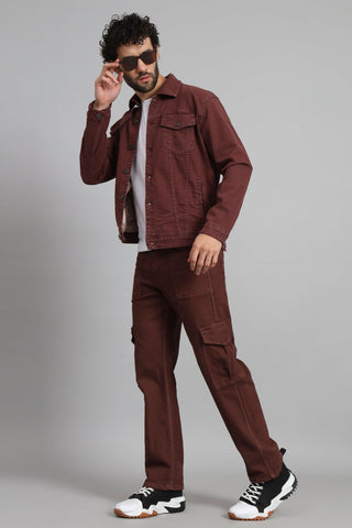 Regular Fit Brown Denim Jacket & Jeans Set for Men