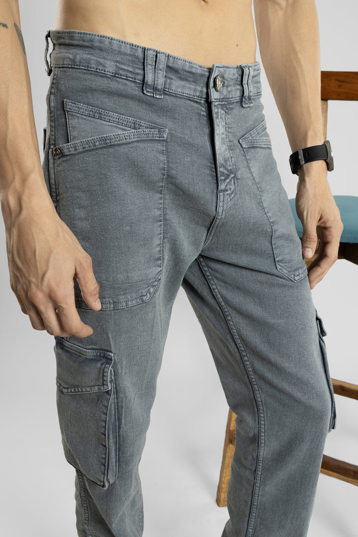 Straight Fit Grey Denim Cargo Trouser