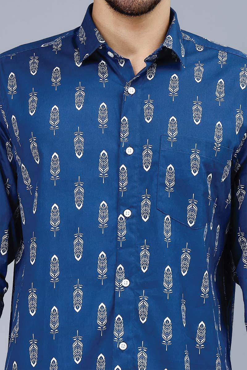 Men's Dark Blue Multi Color Trendy Style Printed Casual Shirt - Peplos Jeans 