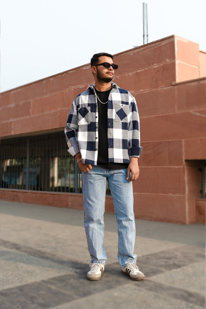 Oversized Flannel Shirt For Men (White & Navy)