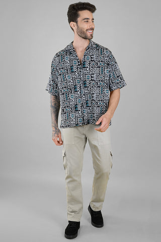 Men's Black White Oversized Tribal Print Shirt