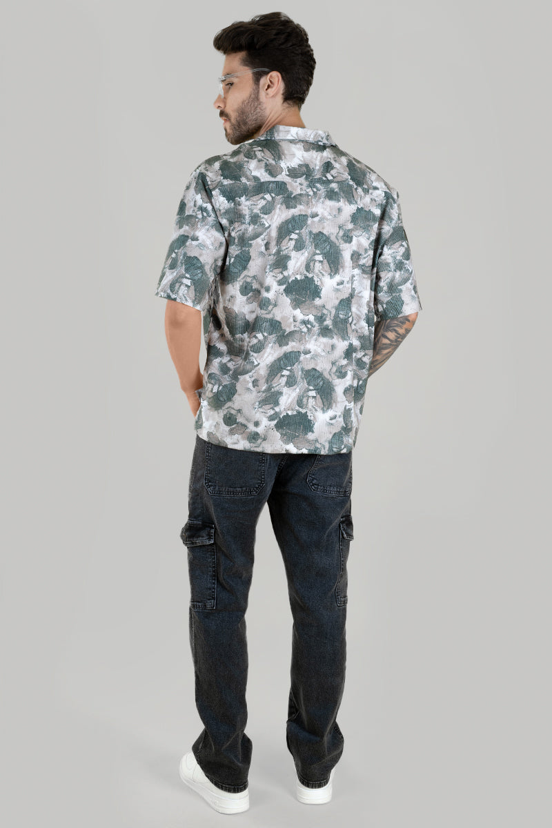 Green Leaf Print Cuban Collar Shirt